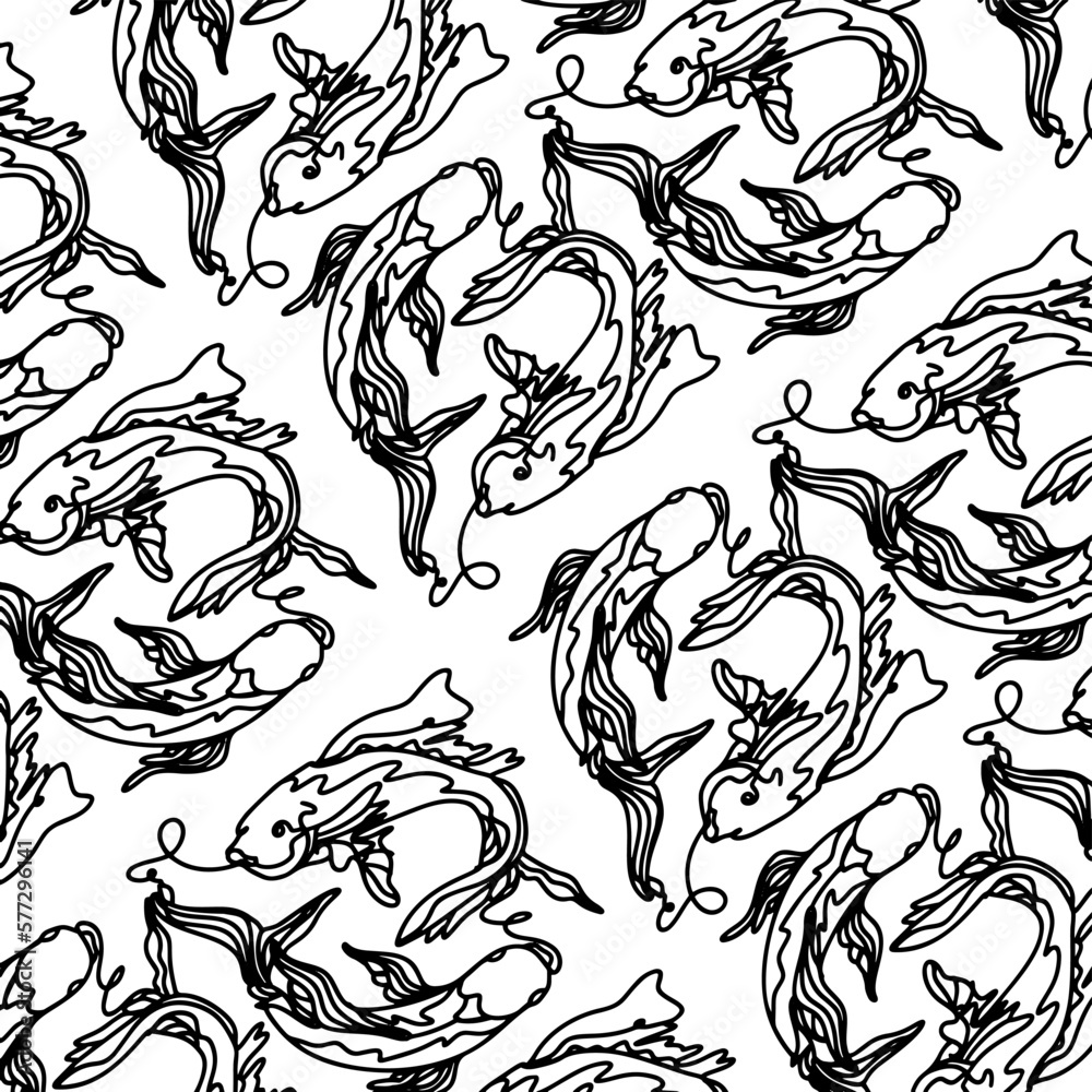 Vector seamless pattern with image of a fishes. Goldfish and perch. Linear fish for coloring books.
Vector seamless pattern with image of a fishes. Goldfish and perch. Linear fish for coloring books.