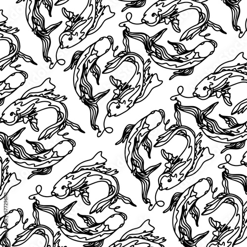 Vector seamless pattern with image of a fishes. Goldfish and perch. Linear fish for coloring books. 