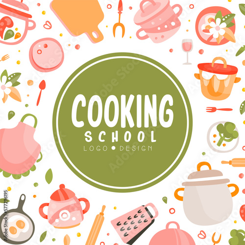 Cooking school banner template. Culinary class poster  card with cookware or kitchen utensils seamless pattern vector