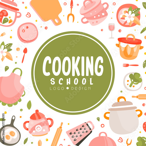 Cooking school banner template. Culinary class poster, card with cookware or kitchen utensils seamless pattern vector