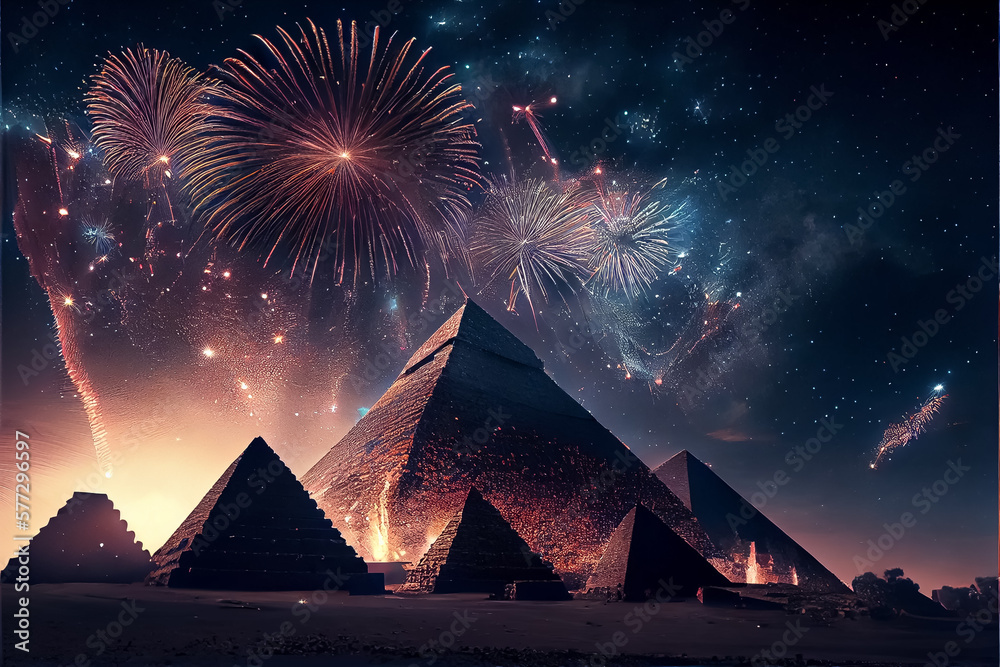 illustration of pyramid in Egypt with fireworks on night sky. AI