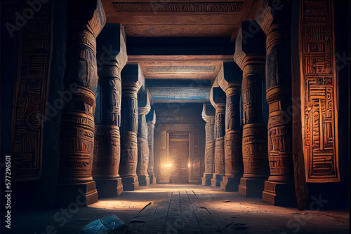 illustration of egyptian wall with hieroglyphs inside the pharaoh's tomb. AI photo