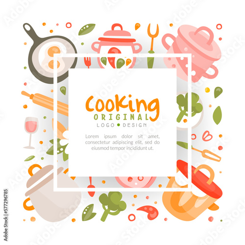 Cooking school logo template. Culinary class, food studio banner with cookware or kitchen utensils vector