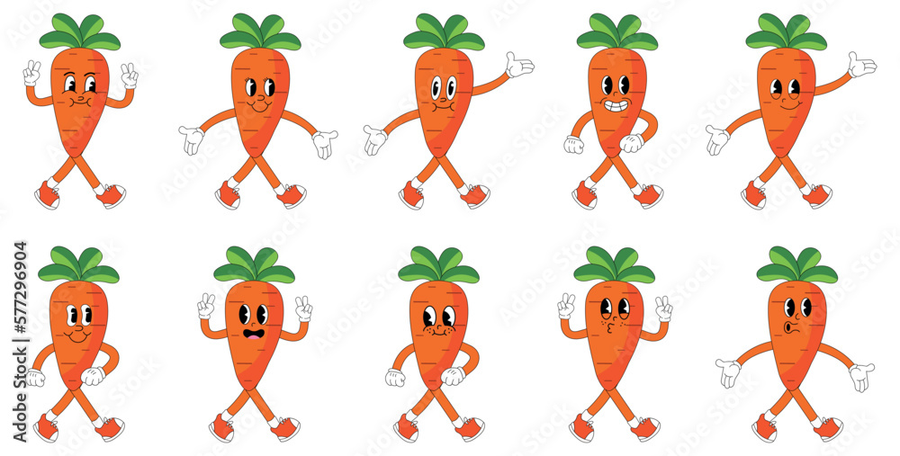 Obraz premium A Set of carrot cartoon groovy stickers with funny comic characters, gloved hands. Modern illustration with legs and arms.