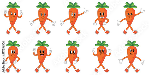 A Set of carrot cartoon groovy stickers with funny comic characters, gloved hands. Modern illustration with legs and arms.