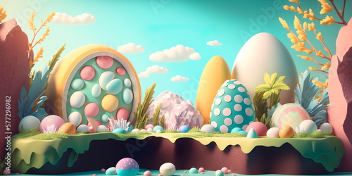Easter-themed background with pastel colors and eggs Generative AI