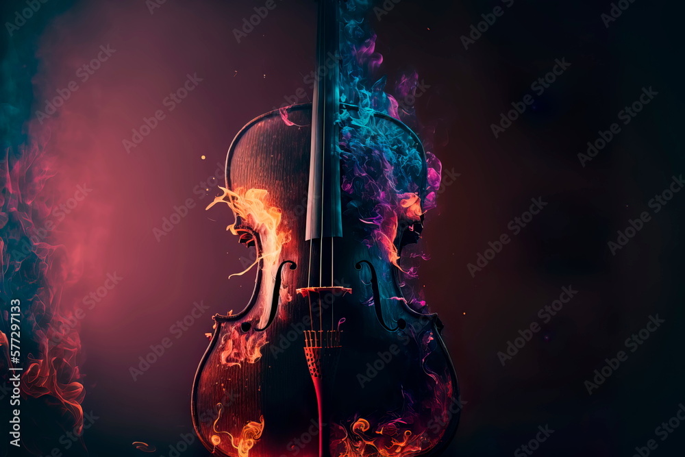 Burning cello music instrument fantasy background Generative AI