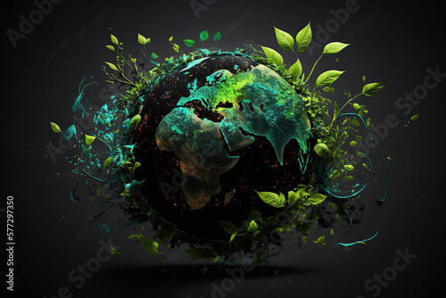 World Earth Day  Globe with splash  levitation flowers and plants  Planet Earth a on black background  Environment conservation concept AI Generative