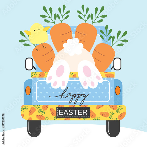 happy easter with bunny, carrot and chick on the car