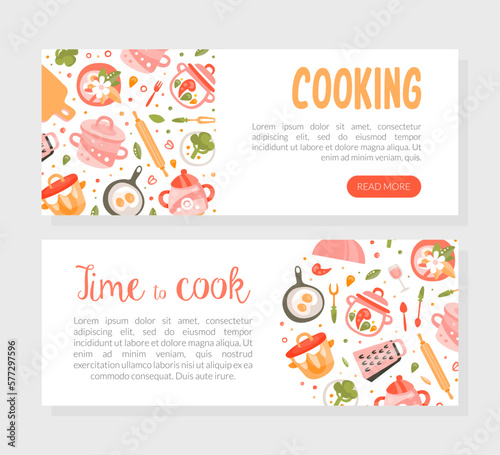 Time to cook horizontal landing page templates set. Cooking school, culinary class, food studio web pages design vector