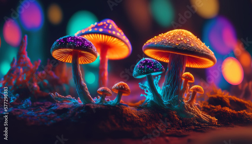 illustration luminescent multicolored mushrooms