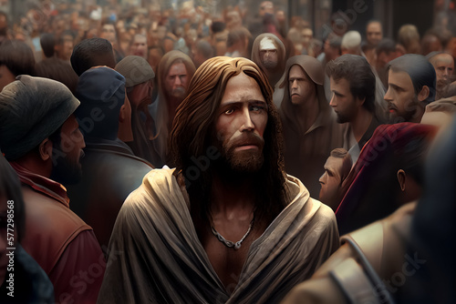 illustration of Jesus walk in modern city among the crowd and buildings AI.