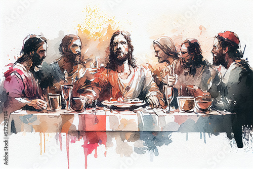 illustration of dinner table and holy people meal watercolor . AI © terra.incognita