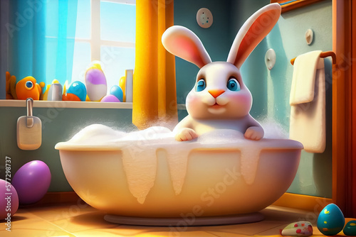 illustration of cute easter rabbit getting bath with eggs . ai photo