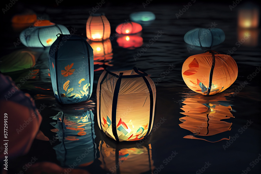 Paper lanterns float on dark water. Traditional Floating Lantern