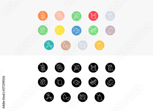 Vector line icons for various purposes like allergy symbols , Food allergy warning symbols, Food intolerance , Allergen-free , Allergy-friendly, Common allergen symbols andallergy alert.