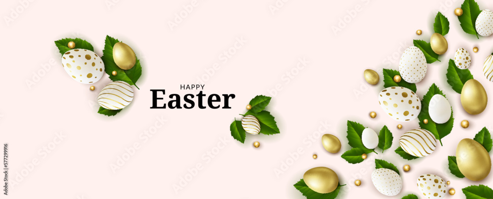 Happy Easter background. Greeting card with easter eggs with leaves.
Happy Easter background. Greeting card with easter eggs with leaves.