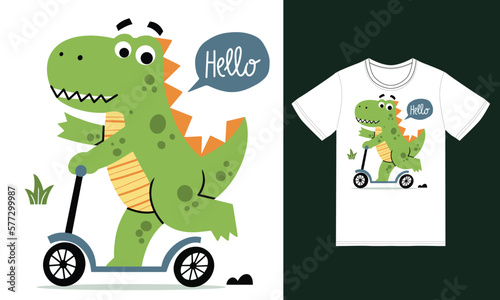 Cute dino riding scooter illustration with tshirt design premium vector