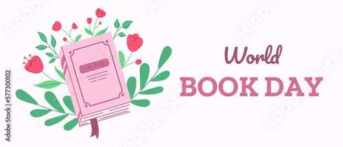 Horizontal banner for world book day celebration. Flat cartoon illustration of book and flowers.