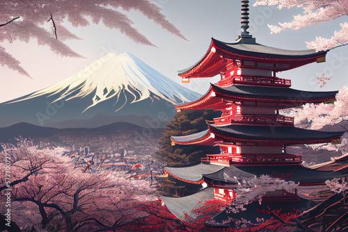 Fototapeta Beautiful mountain Fuji and Chureito red pagoda with cherry blossom sakura