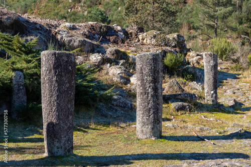 Granite roman milestones in Via XVIII, Roman road between Braga and Astorga. Baixa Limia-Serra do Xures Natural Park, Ourense. Galicia, Spain photo