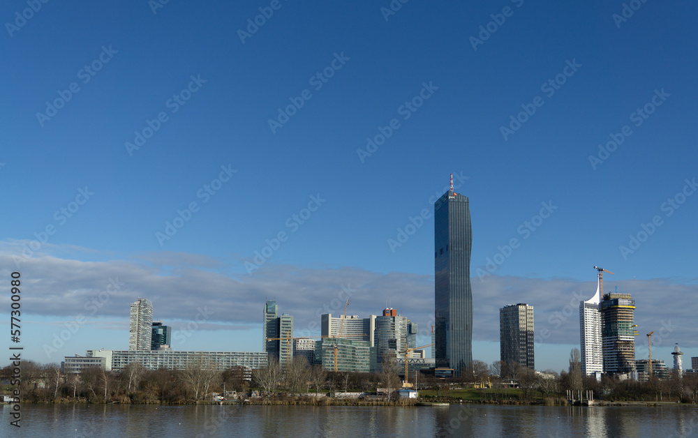 Skyscrapers on a sunny day at the Danube river in Vienna, Austria