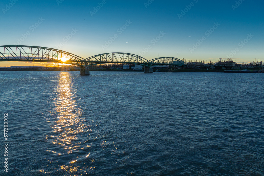 Bridge over the Danube in Austria at sunset Bridge over the Danube in Austria at sunset