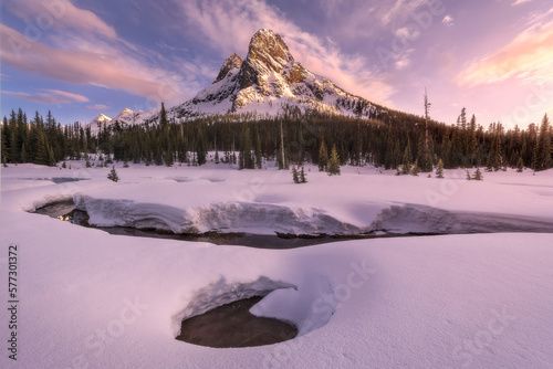 Washington Pass and Liberty Bell mountain in the North Cascades National Park with the first snow of the season photo