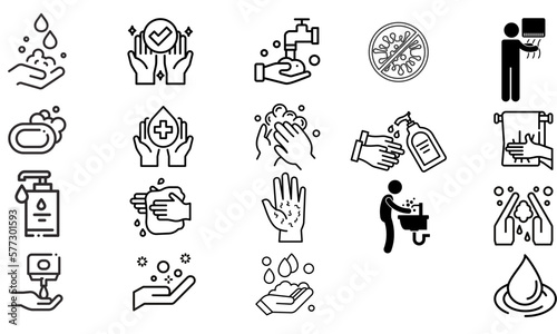 Set Simple Handwashing Related Vector Row Icons. Contains Icons such as Washing Instructions, Antiseptics, Soaps and more. Editable strokes. 
