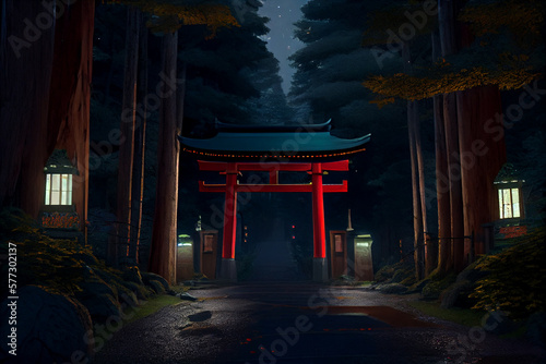 The night view of the approach to the Hakone shrine in a cedar forest. With many red lantern lighted up and a great red torii gate. Generative AI technology. photo