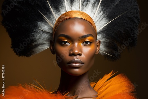Hübsche Afroamerikanische Frau mit Federn am Kopf posiert als Model für Porträt Aufnahmen im Fotostudio, ai generativ
