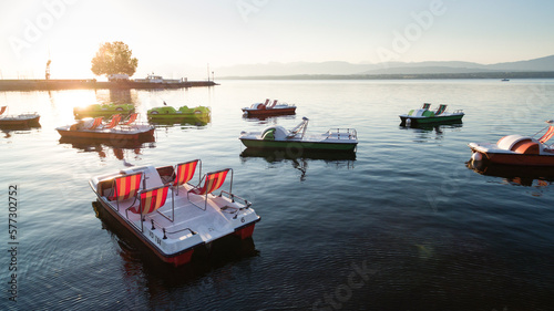 View Of Pedal Boats On Lake Geneva photo