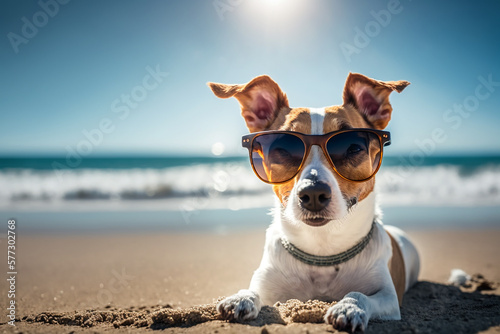 Cute dog - jack Russell terrier, enjoying on the beach. Generative Ai
