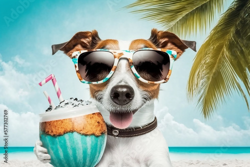 Cute dog - jack Russell terrier, enjoying on the beach with a coconut drink. Generative Ai 