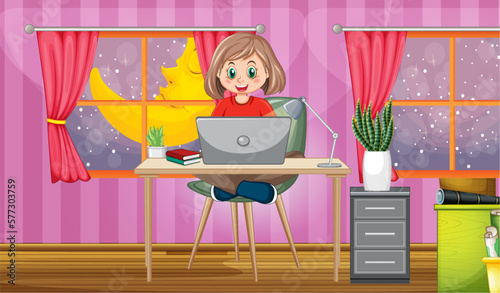 Interior pink room with a girl using computer