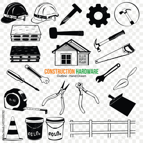 construction hardware and repair instruments, construction Tool outline illustration collection