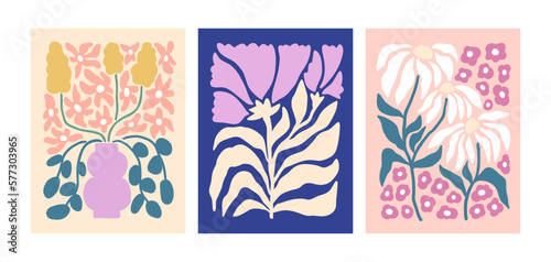 Floral posters set. Abstract spring blossomed flowers, interior wall arts. Trendy botanical vertical cards in modern style. Contemporary decoration with blooming plants. Flat vector illustrations