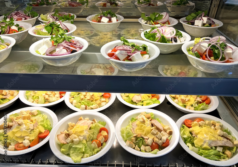Assortment of salads for sale in the cafeteria