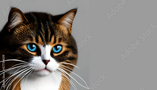 black and white brown cat with blue eyes gray background artificial intelligence