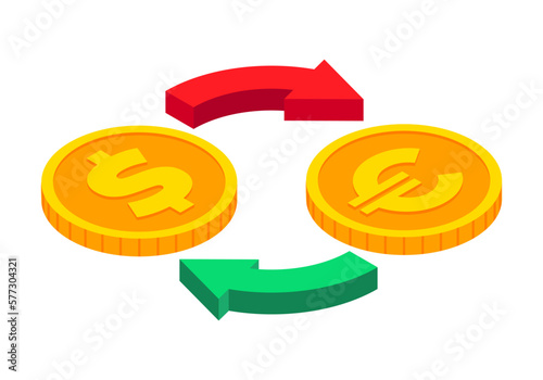 Isometric money exchange icon. Euro to dollar cash exchange. Gold coins with circle arrows sign. 3d Cash, currency transfer, money conversion, banking concept. Vector currency exchange symbol