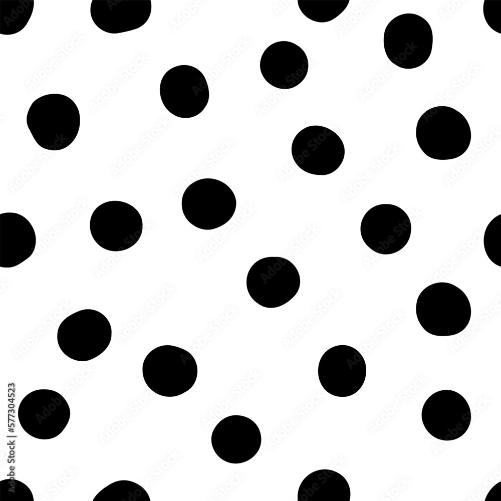 Seamless neutral polka dots pattern. Black hand-drawn circles isolated on white background. Abstract Random points ornament. Vector illustration for wallpaper, fabric, print, wrapping paper, textile
