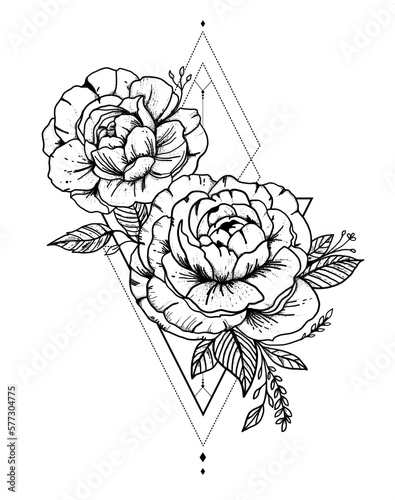 Black tattoo roses flower with rhombus diamond frame. Mystic symbol, sacred geometry print. Isolated vector illustration.