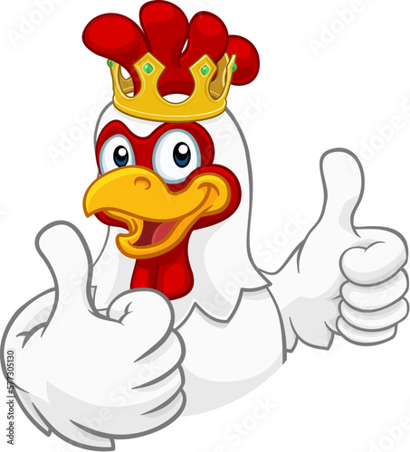 A chicken rooster cockerel bird cartoon character in a kings gold crown giving a double thumbs up