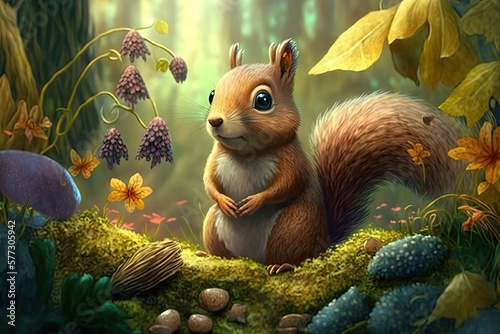 Little squirrel in the forest scene. Generative AI 