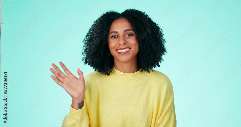 Portrait, wave and greeting with a black woman in studio on a blue background to say hello or welcome. Hand gesture, waving or friendly and an attractive young female saying goodbye with a smile Portrait, wave and greeting with a black woman in studio on a blue background to say hello or welcome. Hand gesture, waving or friendly and an attractive young female saying goodbye with a smile