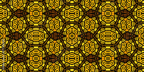 Textured an seamless African pattern, amulets and necklaces, colorful image, golden yellow, orange and brown colors, geometric shapes, graphic design, illustration