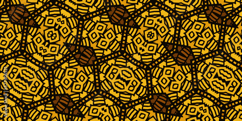 Textured an seamless African pattern, amulets and necklaces, colorful image, golden yellow, orange and brown colors, geometric shapes, graphic design, illustration