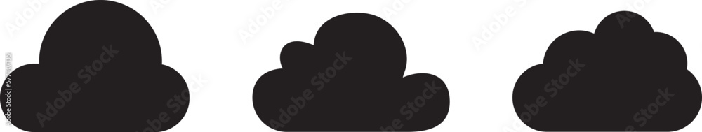 Black cartoon clouds set isolated on white background. Collection of different clouds for background template, wallpaper and fluffy sky design. Flat clouds concept. Clouds vector illustration