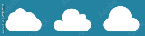White cartoon clouds set isolated on blue background. Collection of different clouds for background template, wallpaper and fluffy sky design. Flat clouds concept. Clouds vector illustration