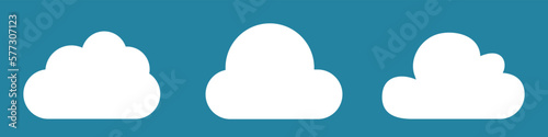 White cartoon clouds set isolated on blue background. Collection of different clouds for background template, wallpaper and fluffy sky design. Flat clouds concept. Clouds vector illustration